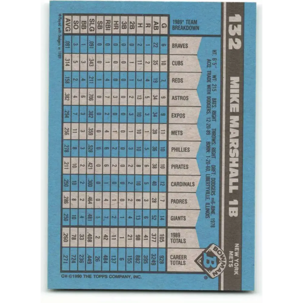 1990 Bowman #132 Mike Marshall NM-MT New York Mets Baseball Card  Image 2