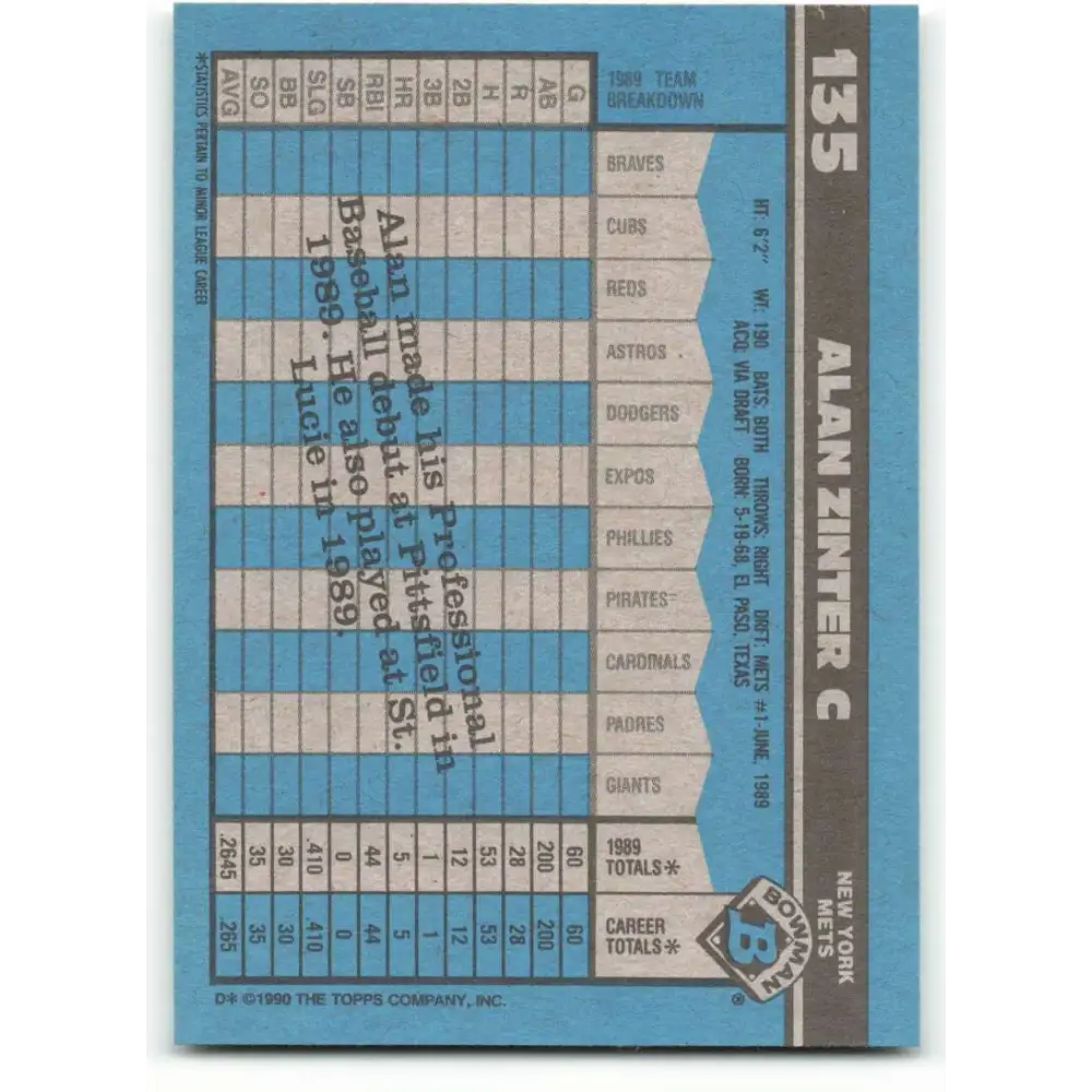1990 Bowman #135 Alan Zinter NM-MT RC Rookie New York Mets Baseball Card  Image 2