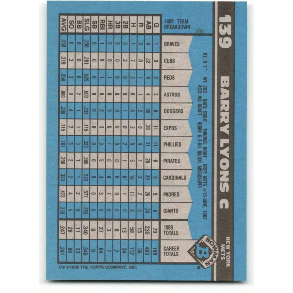 1990 Bowman #139 Barry Lyons NM-MT New York Mets Baseball Card  Image 2