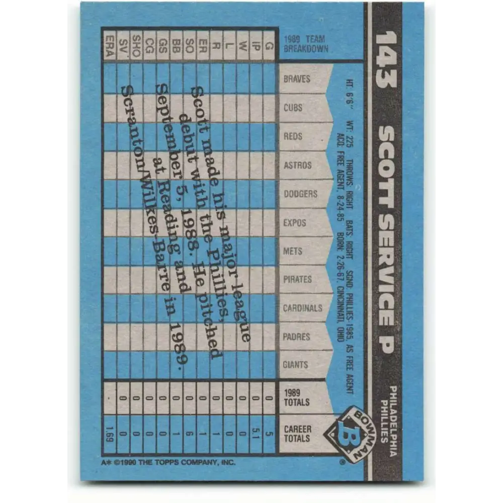 1990 Bowman #143 Scott Service NM-MT Philadelphia Phillies Baseball Card  Image 2