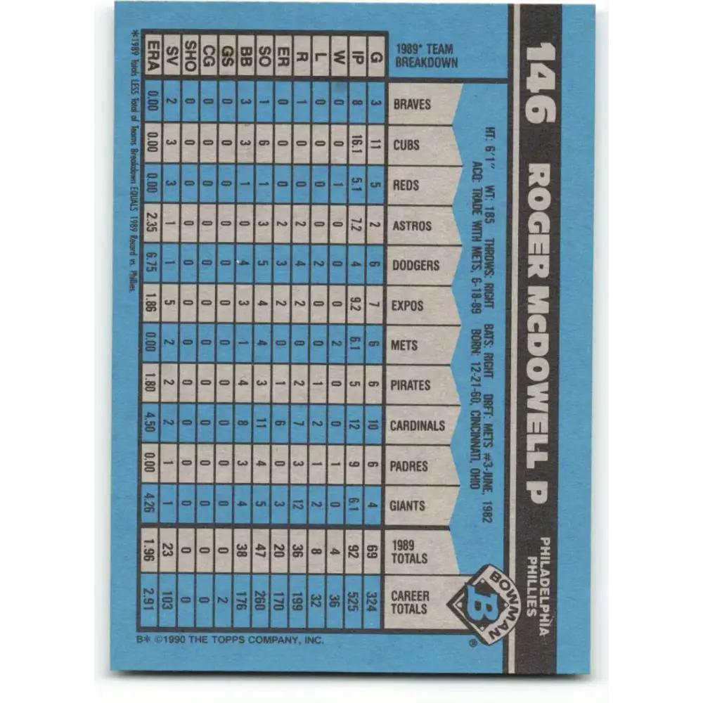 1990 Bowman #146 Roger McDowell NM-MT Philadelphia Phillies Baseball Card  Image 2