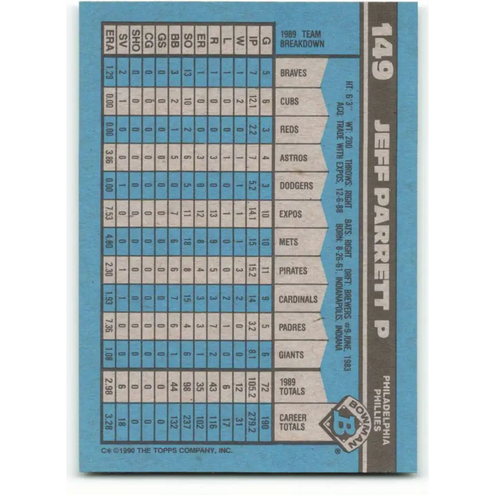 1990 Bowman #149 Jeff Parrett NM-MT Philadelphia Phillies Baseball Card  Image 2