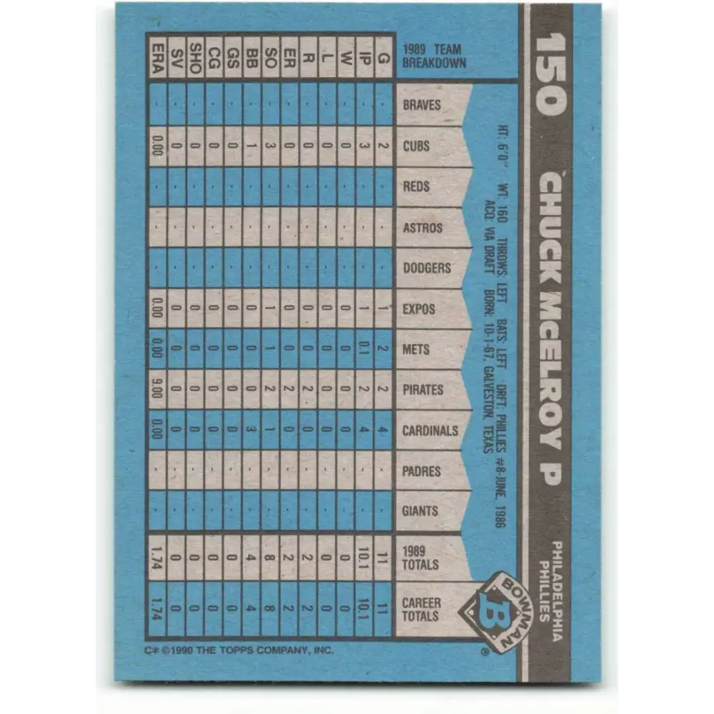 1990 Bowman #150 Chuck McElroy NM-MT RC Rookie Philadelphia Phillies Baseball Card  Image 2