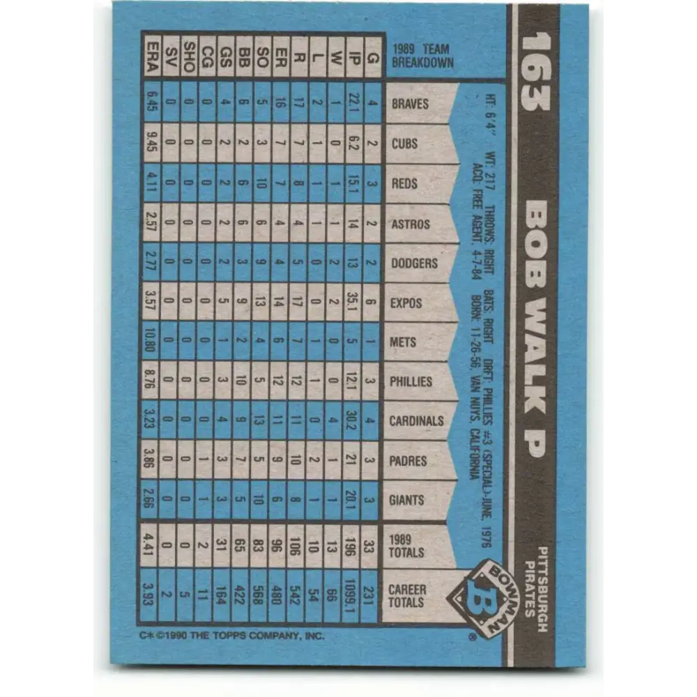 1990 Bowman #163 Bob Walk NM-MT Pittsburgh Pirates Baseball Card  Image 2