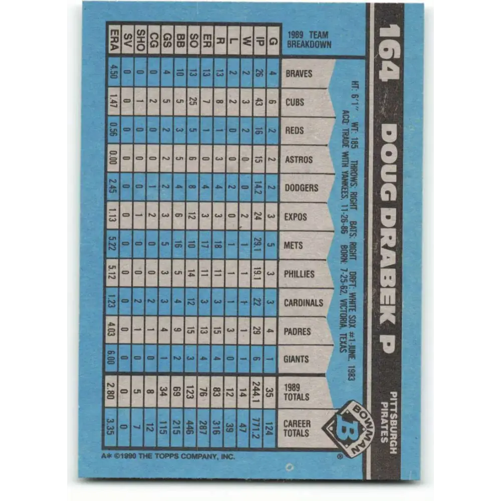 1990 Bowman #164 Doug Drabek NM-MT Pittsburgh Pirates Baseball Card  Image 2