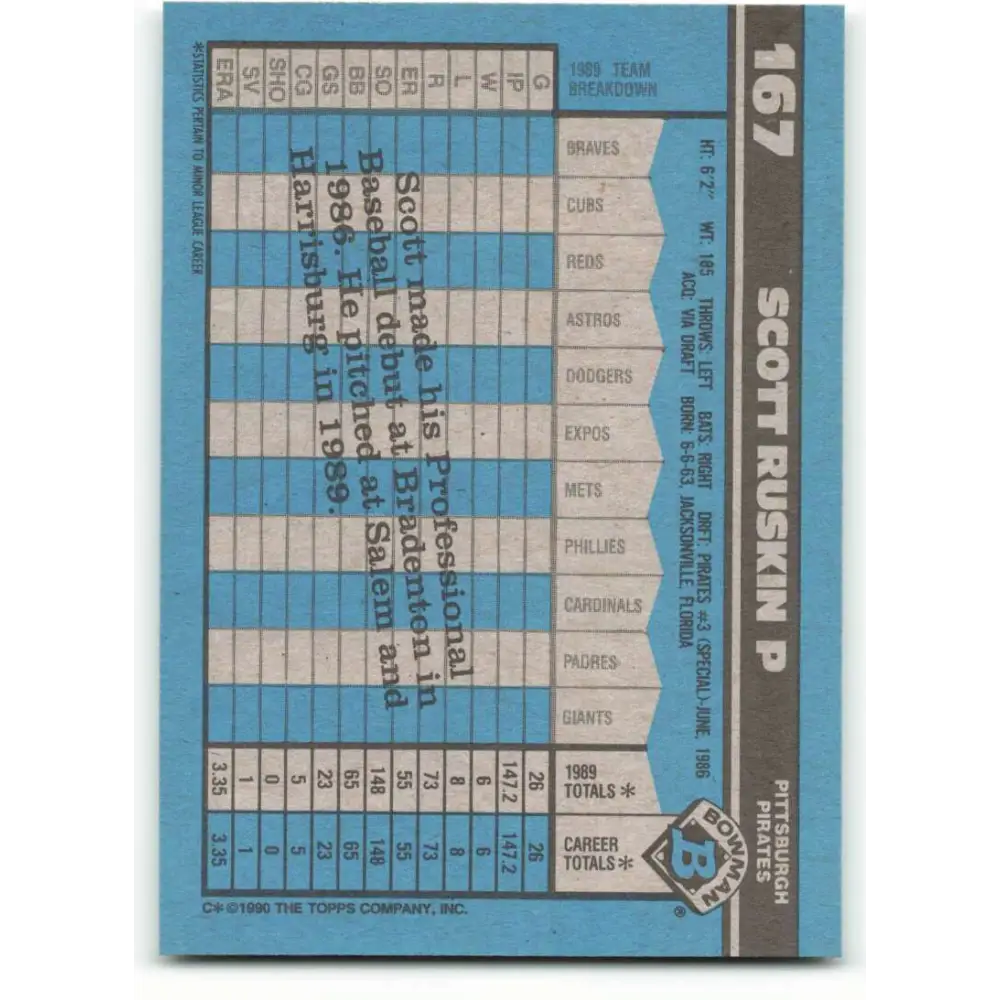 1990 Bowman #167 Scott Ruskin NM-MT RC Rookie Pittsburgh Pirates Baseball Card  Image 2