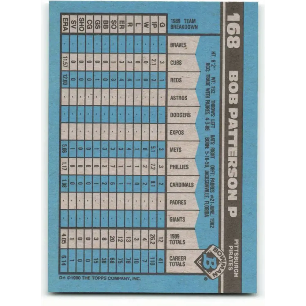 1990 Bowman #168 Bob Patterson NM-MT Pittsburgh Pirates Baseball Card  Image 2