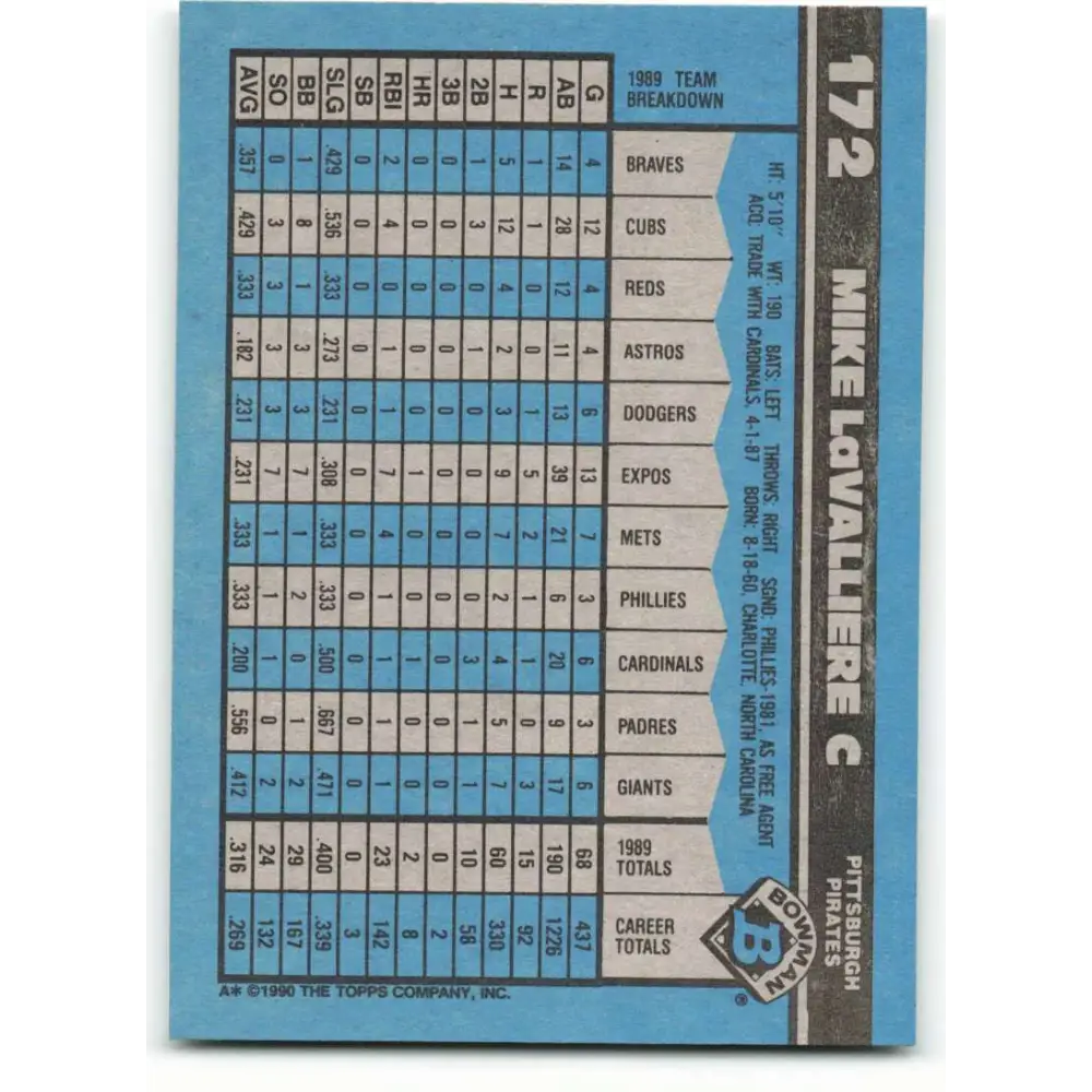 1990 Bowman #172 Mike LaValliere NM-MT Pittsburgh Pirates Baseball Card  Image 2