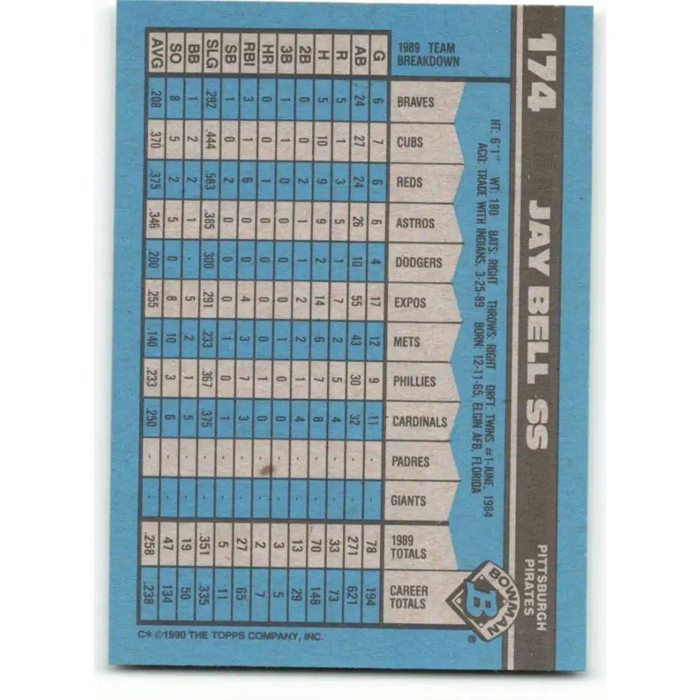 1990 Bowman #174 Jay Bell NM-MT Pittsburgh Pirates Baseball Card  Image 2