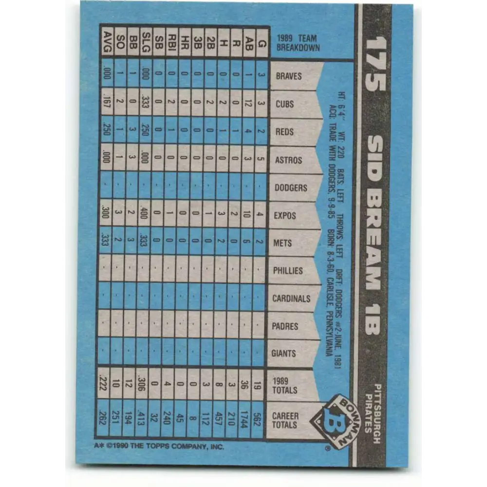 1990 Bowman #175 Sid Bream NM-MT Pittsburgh Pirates Baseball Card  Image 2