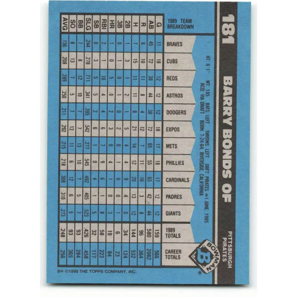 1990 Bowman #181 Barry Bonds NM-MT Pittsburgh Pirates Baseball Card  Image 2