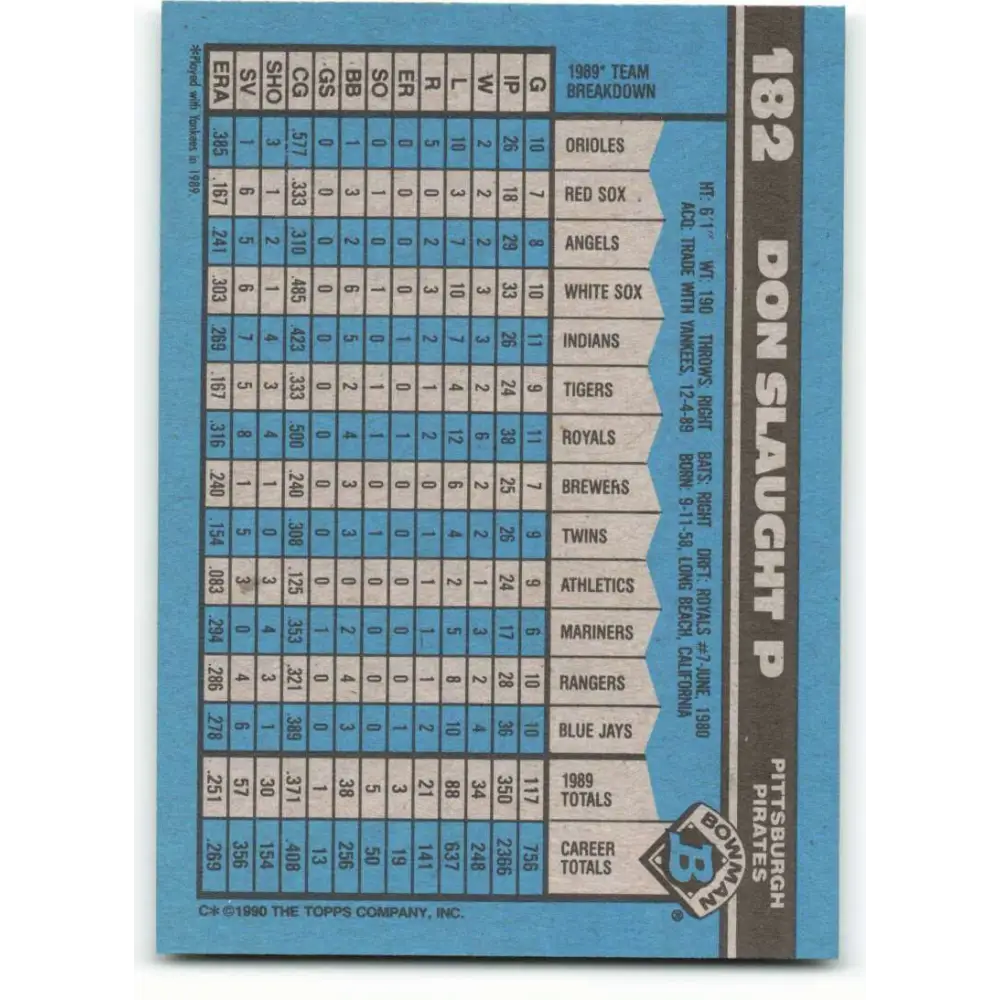 1990 Bowman #182 Don Slaught NM-MT Pittsburgh Pirates Baseball Card  Image 2