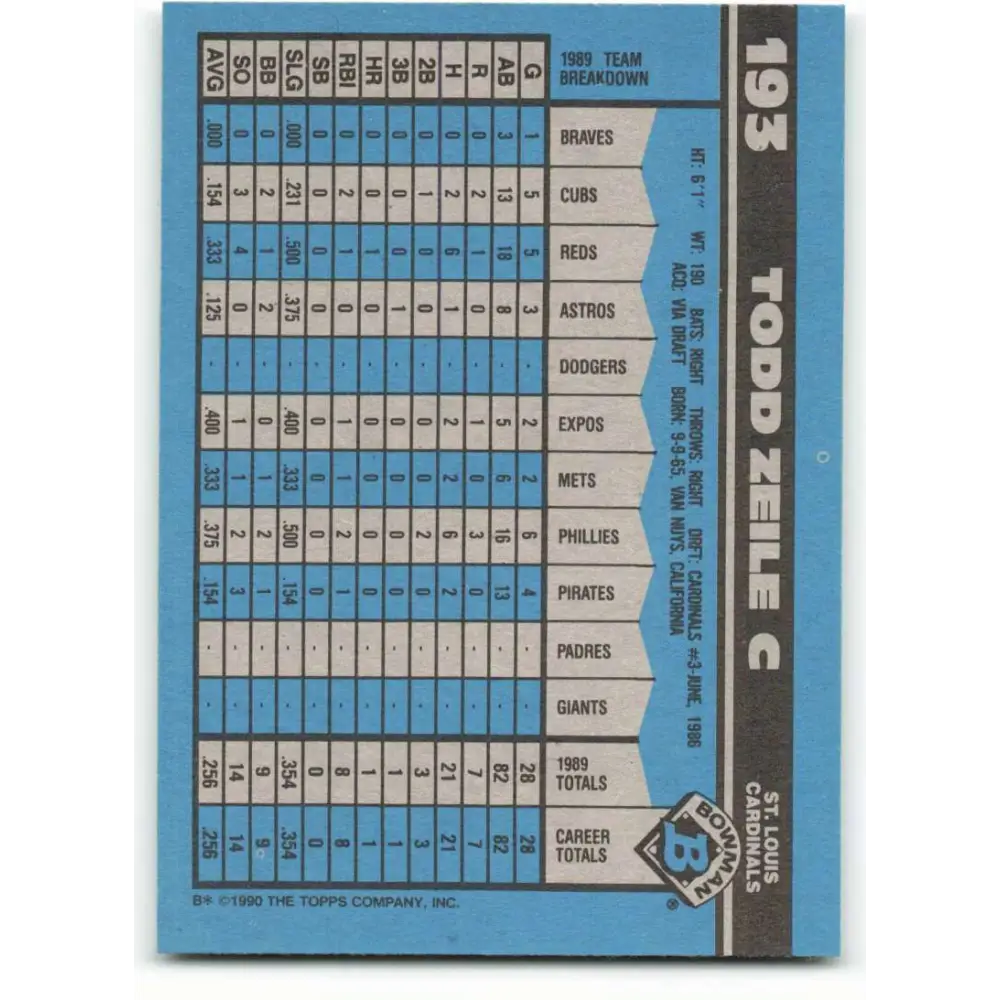 1990 Bowman #193 Todd Zeile NM-MT St. Louis Cardinals Baseball Card  Image 2