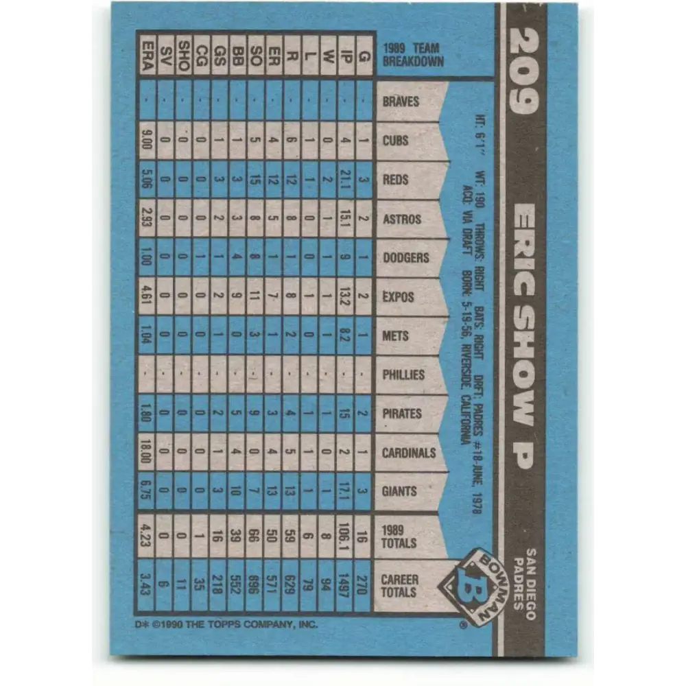 1990 Bowman #209 Eric Show NM-MT San Diego Padres Baseball Card  Image 2