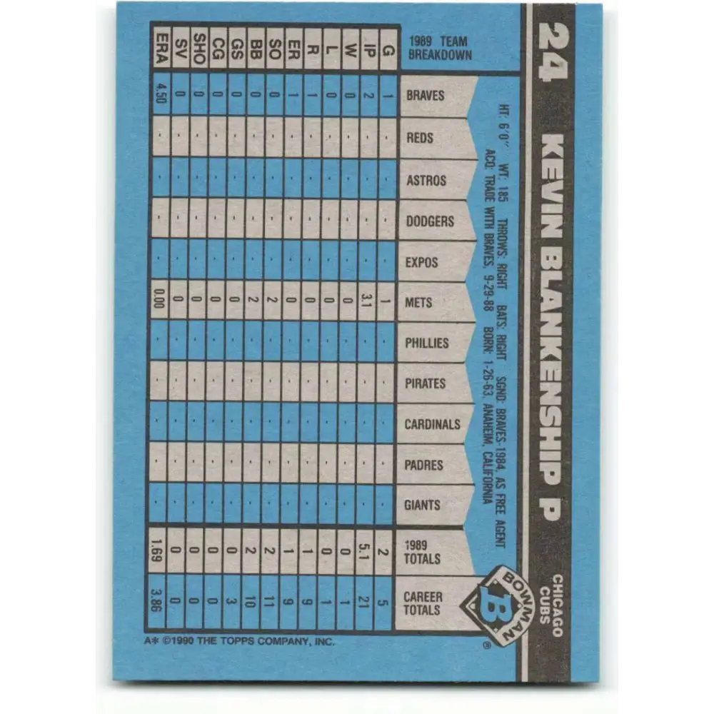 1990 Bowman #24 Kevin Blankenship NM-MT Chicago Cubs Baseball Card  Image 2