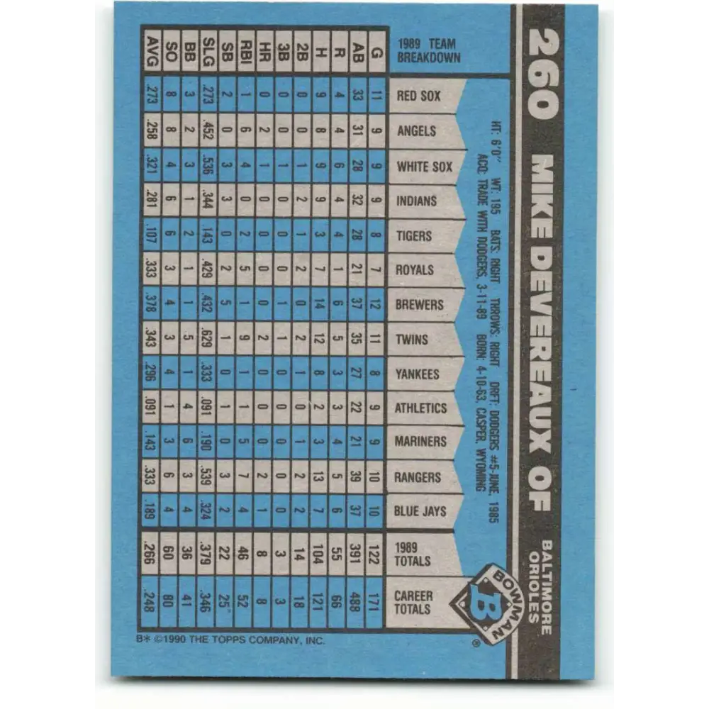 1990 Bowman #260 Mike Devereaux NM-MT Baltimore Orioles Baseball Card  Image 2