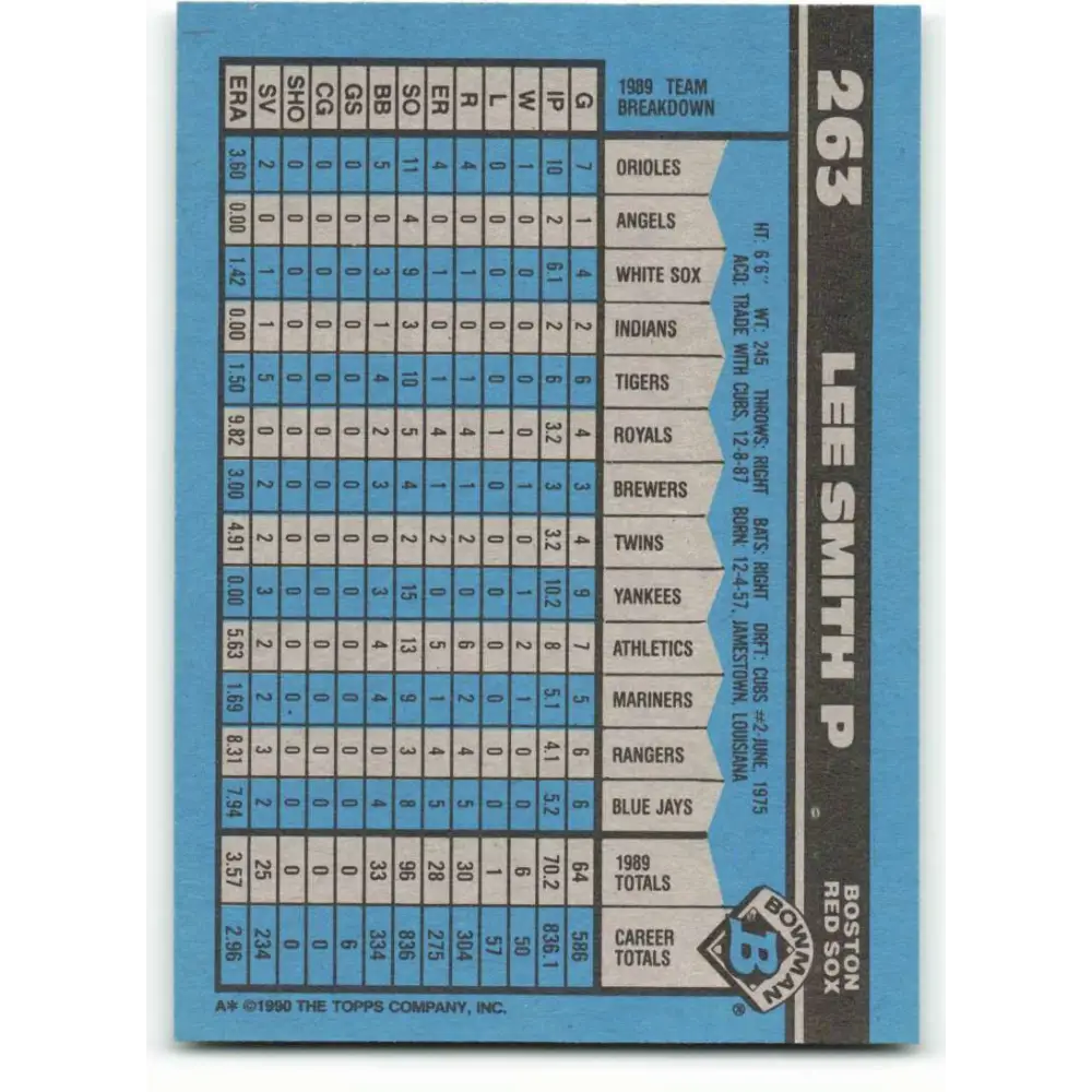 1990 Bowman #263 Lee Smith NM-MT Boston Red Sox Baseball Card  Image 2