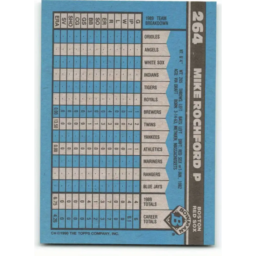 1990 Bowman #264 Mike Rochford NM-MT Boston Red Sox Baseball Card  Image 2