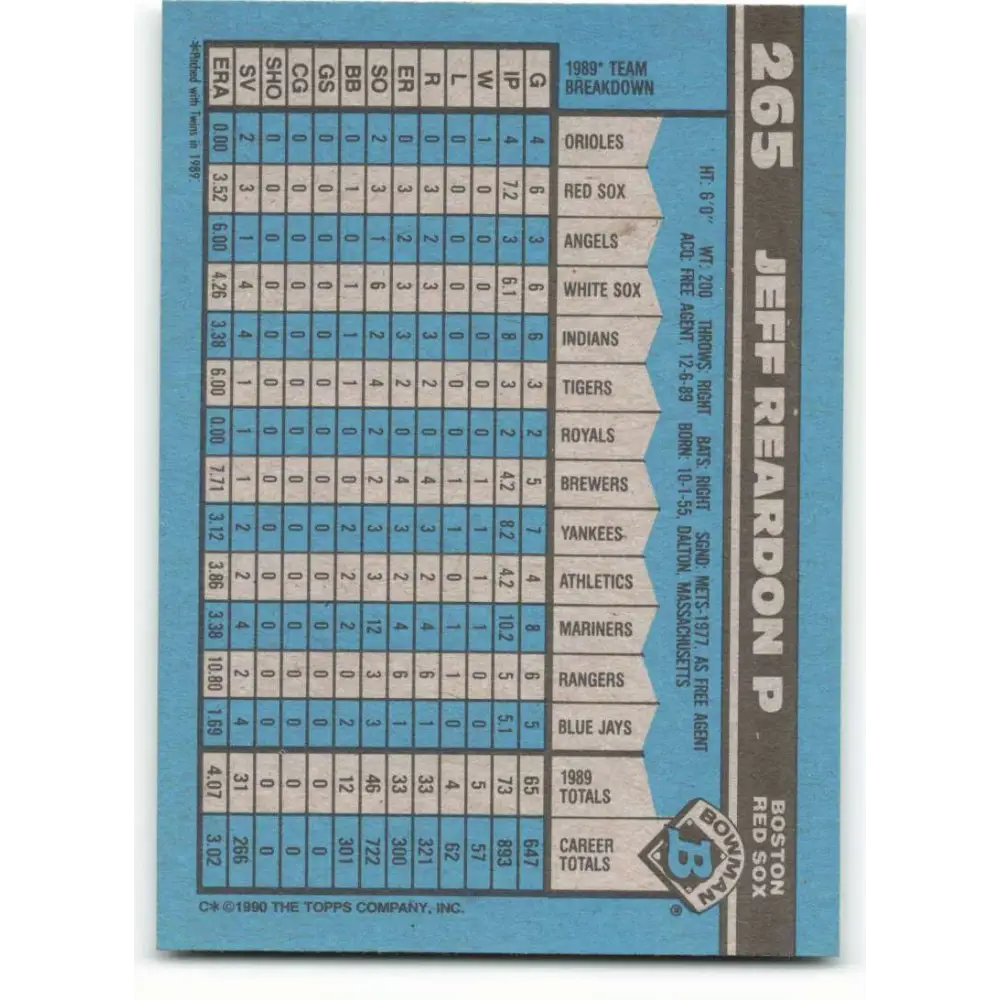 1990 Bowman #265 Jeff Reardon NM-MT Boston Red Sox Baseball Card  Image 2