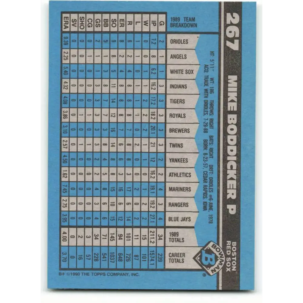 1990 Bowman #267 Mike Boddicker NM-MT Boston Red Sox Baseball Card  Image 2