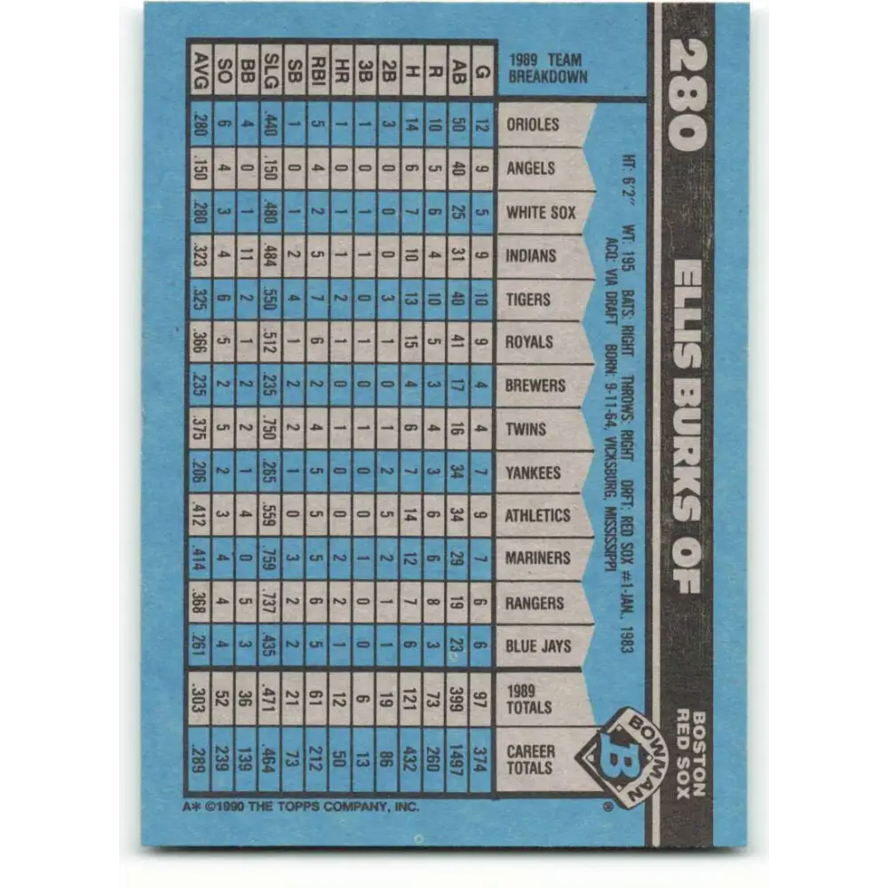 1990 Bowman #280 Ellis Burks NM-MT Boston Red Sox Baseball Card  Image 2