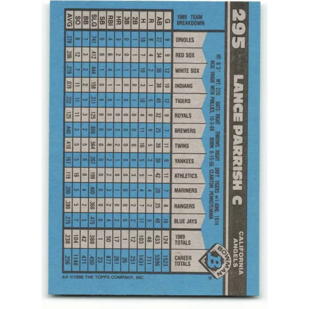 1990 Bowman #295 Lance Parrish NM-MT California Angels Baseball Card  Image 2