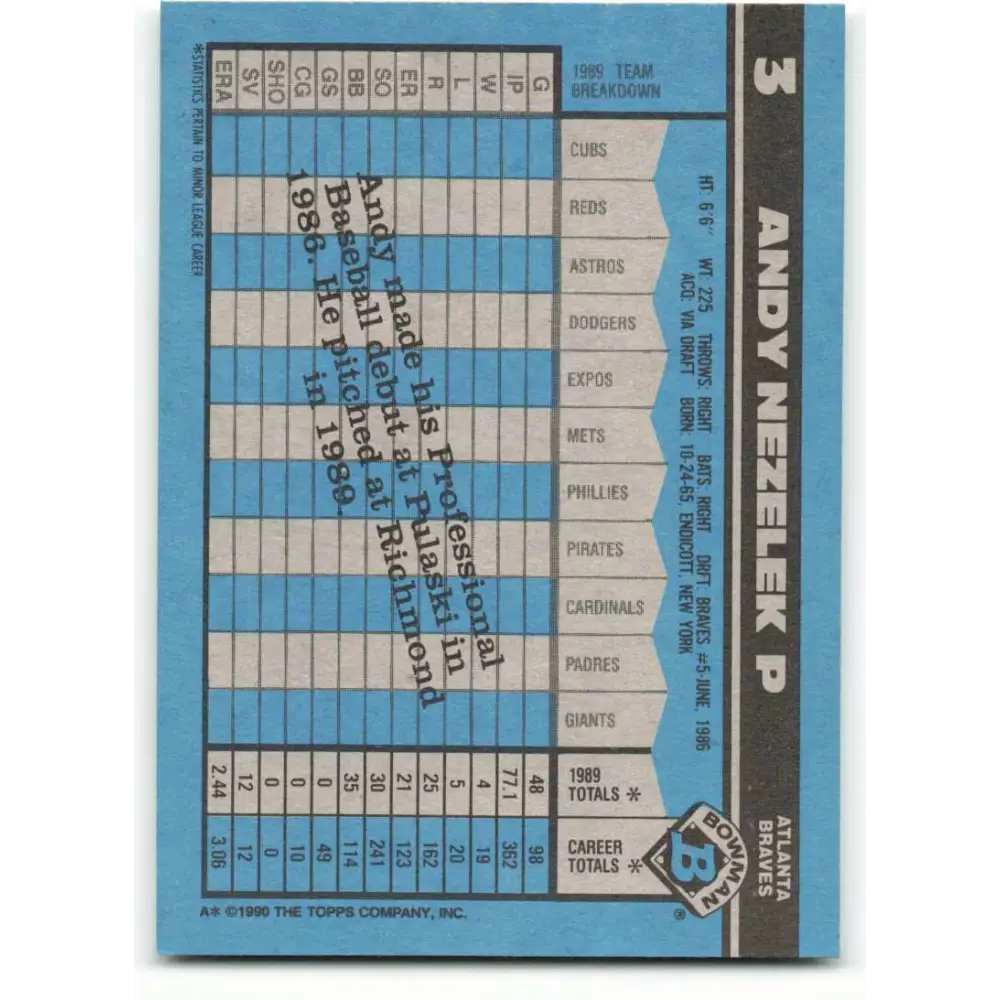 1990 Bowman #3 Andy Nezelek NM-MT Atlanta Braves Baseball Card  Image 2