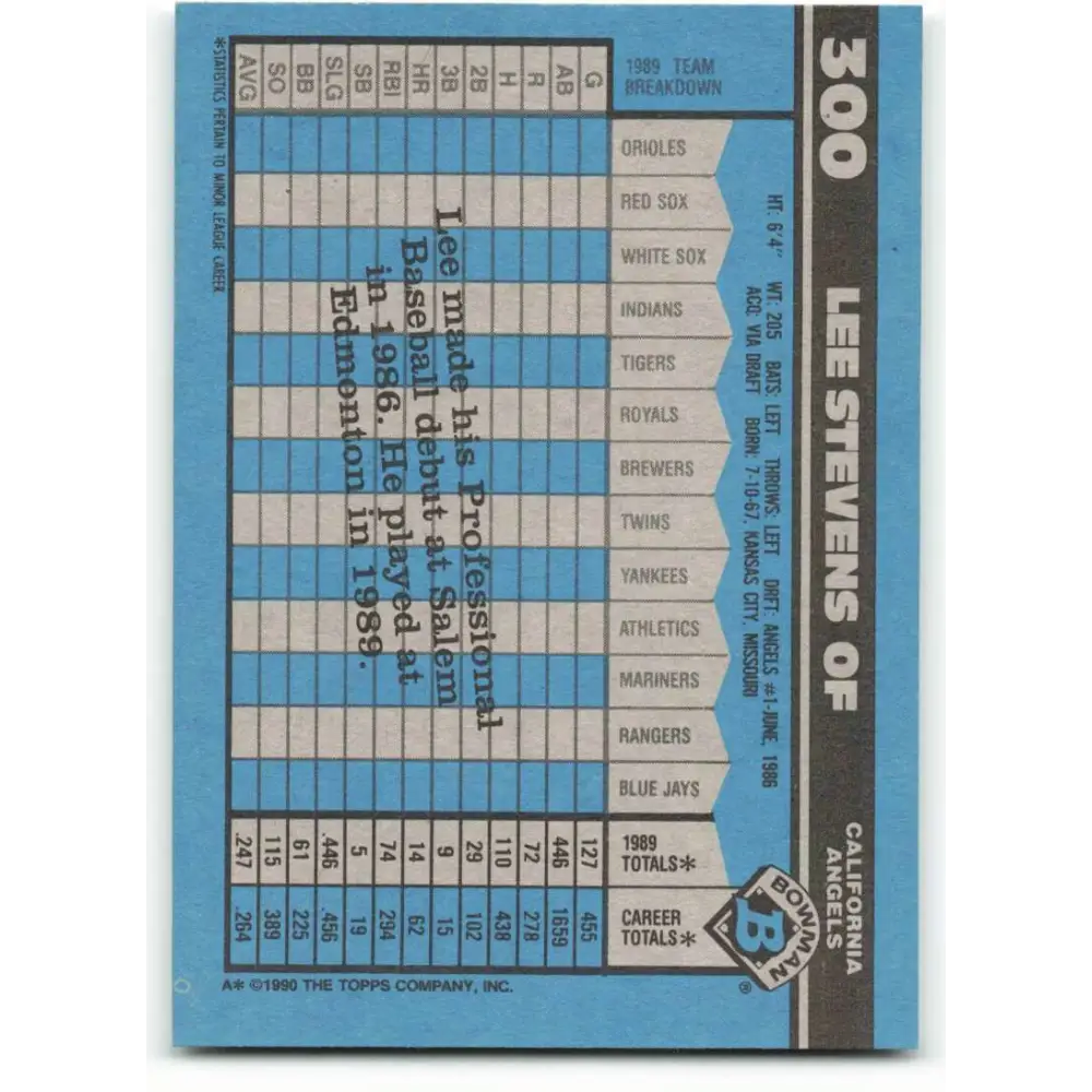 1990 Bowman #300 Lee Stevens NM-MT California Angels Baseball Card  Image 2