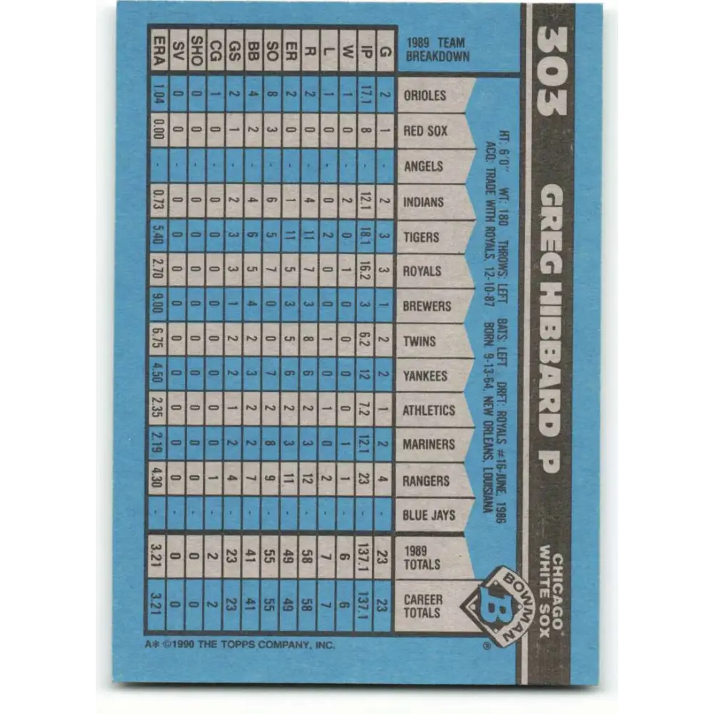 1990 Bowman #303 Greg Hibbard NM-MT RC Rookie Chicago White Sox Baseball Card  Image 2