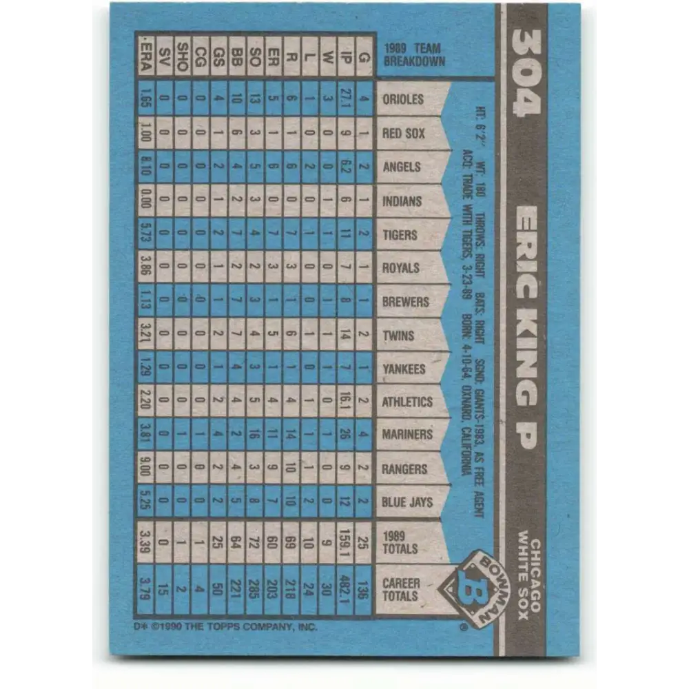 1990 Bowman #304 Eric King NM-MT Chicago White Sox Baseball Card  Image 2