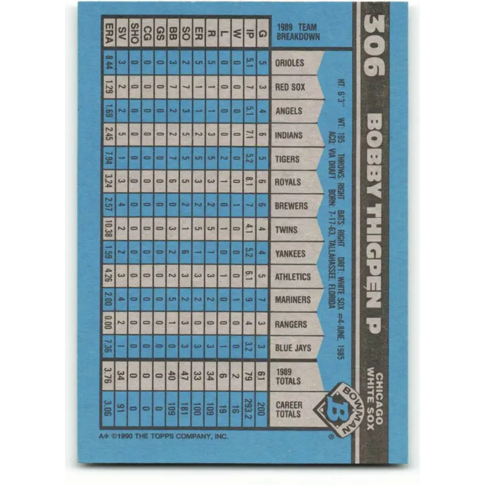 1990 Bowman #306 Bobby Thigpen NM-MT Chicago White Sox Baseball Card  Image 2