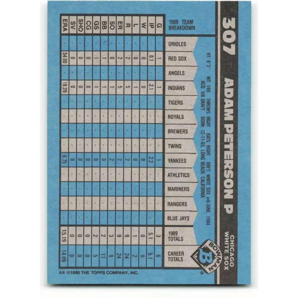 1990 Bowman #307 Adam Peterson NM-MT Chicago White Sox Baseball Card  Image 2