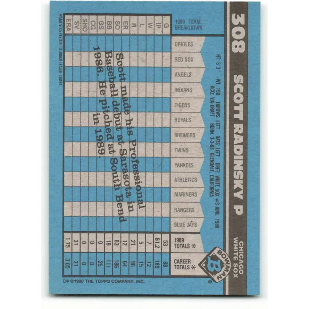 1990 Bowman #308 Scott Radinsky NM-MT RC Rookie Chicago White Sox Baseball Card  Image 2