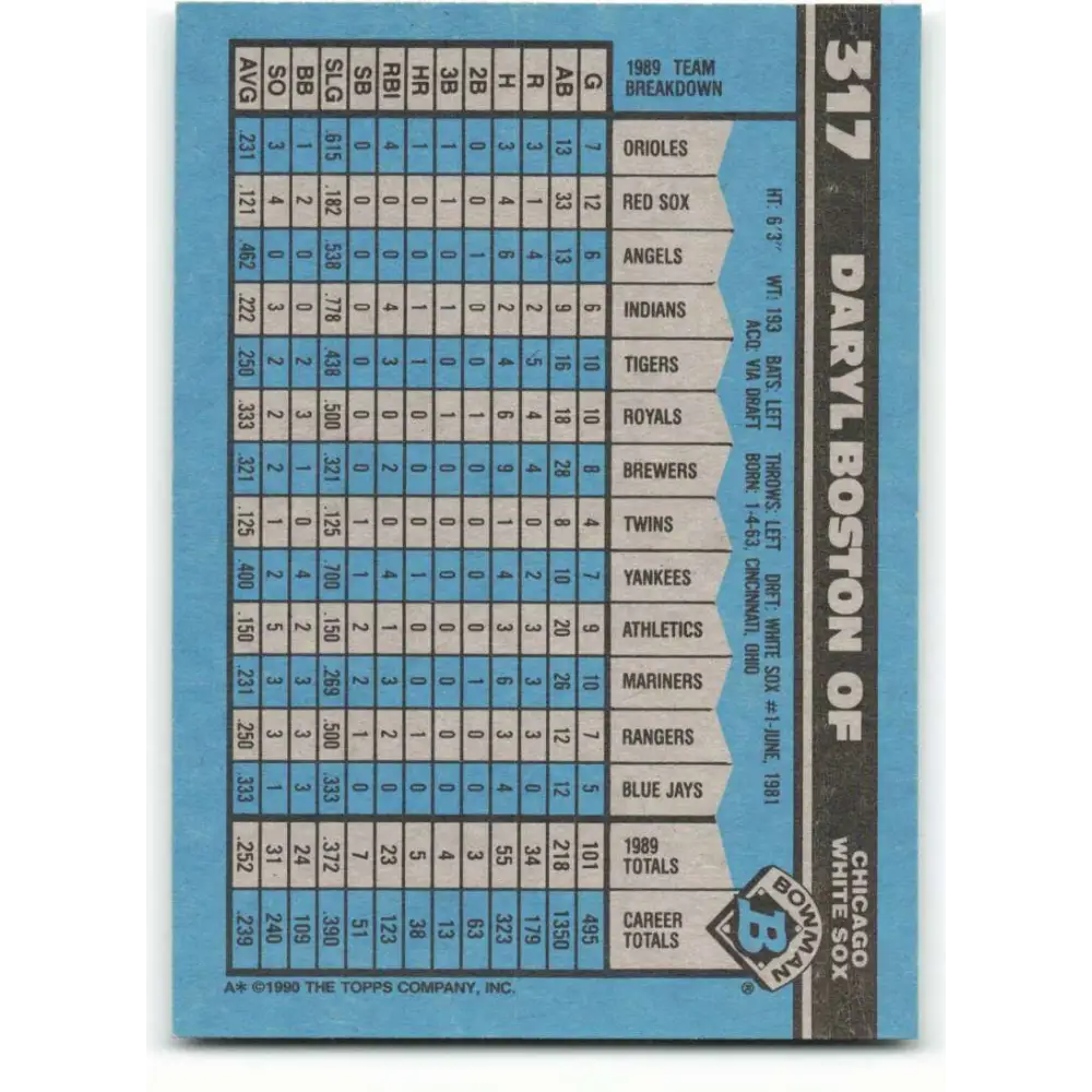 1990 Bowman #317 Daryl Boston NM-MT Chicago White Sox Baseball Card  Image 2