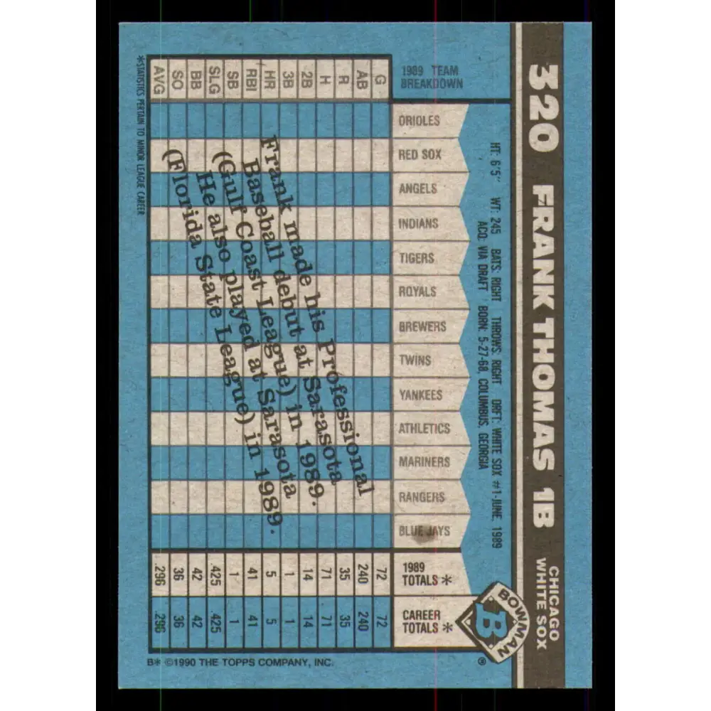1990 Bowman #320 Frank Thomas NM-MT RC Rookie Chicago White Sox Baseball Card  Image 2