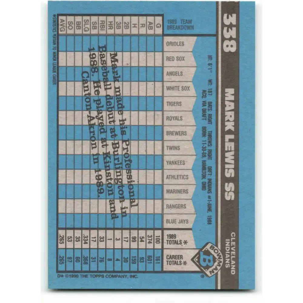 1990 Bowman #338 Mark Lewis NM-MT Cleveland Indians Baseball Card  Image 2