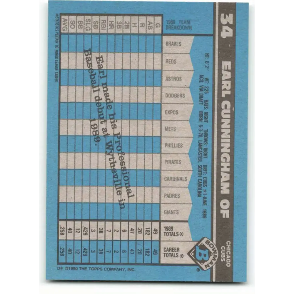 1990 Bowman #34 Earl Cunningham NM-MT RC Rookie Chicago Cubs Baseball Card  Image 2