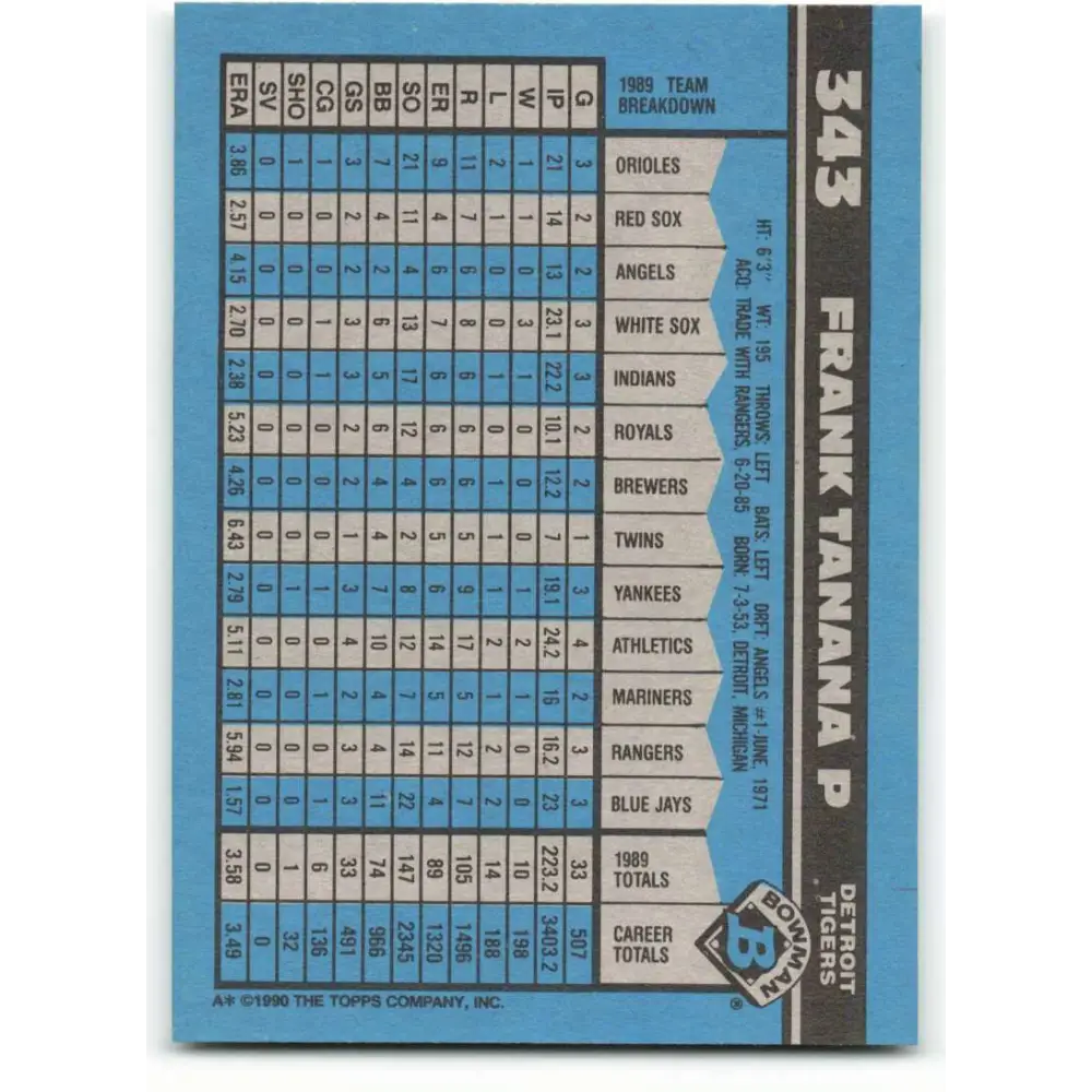 1990 Bowman #343 Frank Tanana NM-MT Detroit Tigers Baseball Card  Image 2