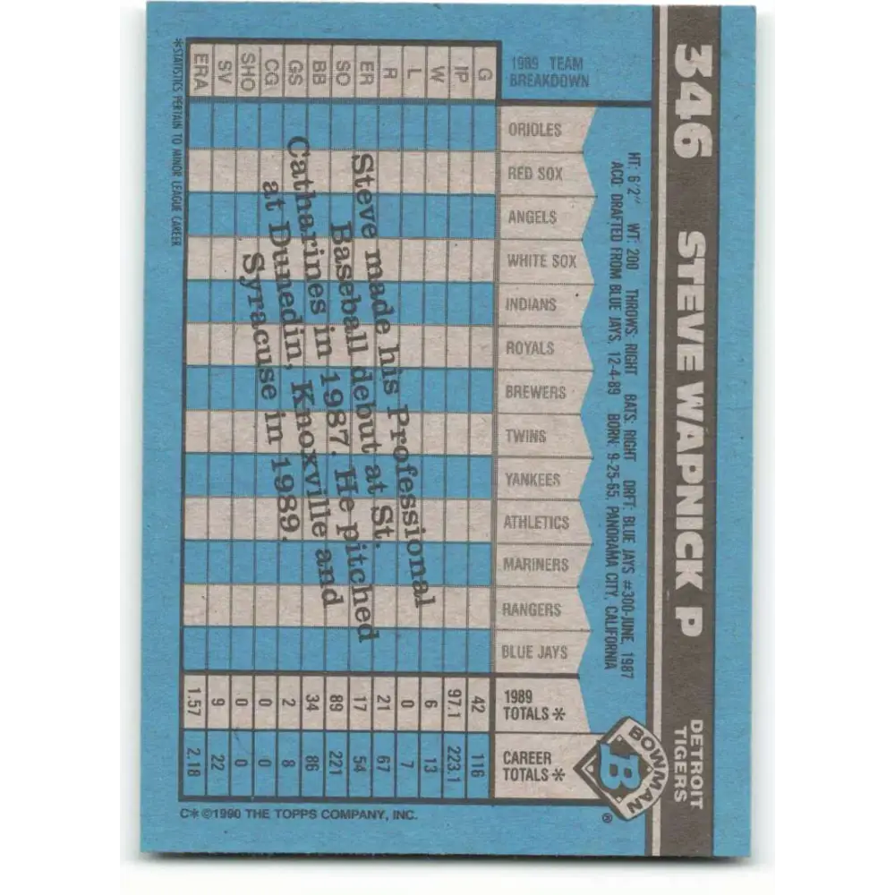 1990 Bowman #346 Steve Wapnick NM-MT RC Rookie Detroit Tigers Baseball Card  Image 2