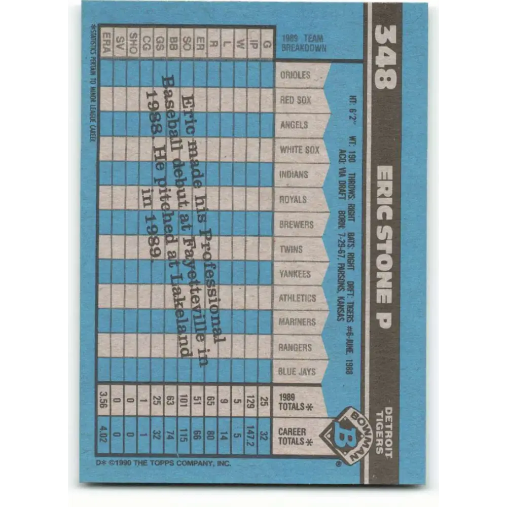 1990 Bowman #348 Eric Stone NM-MT RC Rookie Detroit Tigers Baseball Card  Image 2