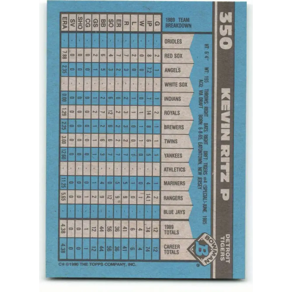 1990 Bowman #350 Kevin Ritz NM-MT RC Rookie Detroit Tigers Baseball Card  Image 2