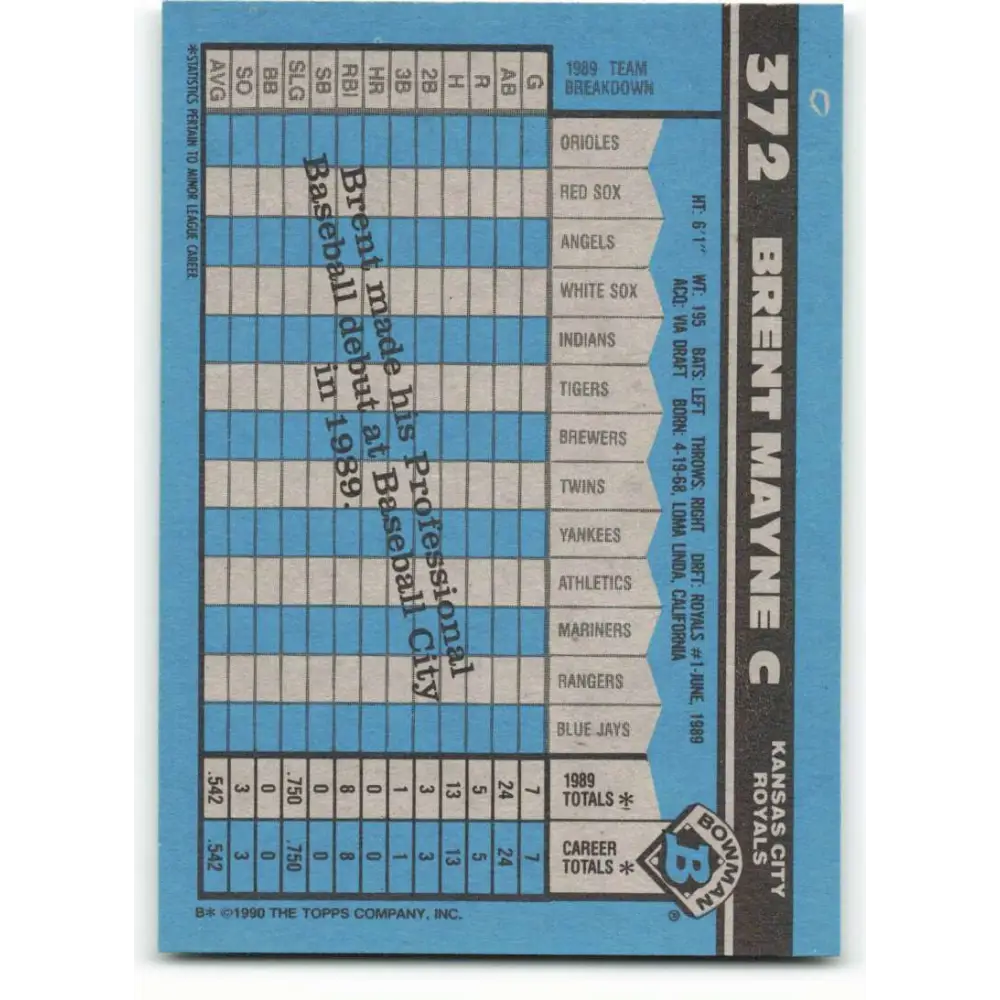 1990 Bowman #372 Brent Mayne NM-MT RC Rookie Kansas City Royals Baseball Card  Image 2