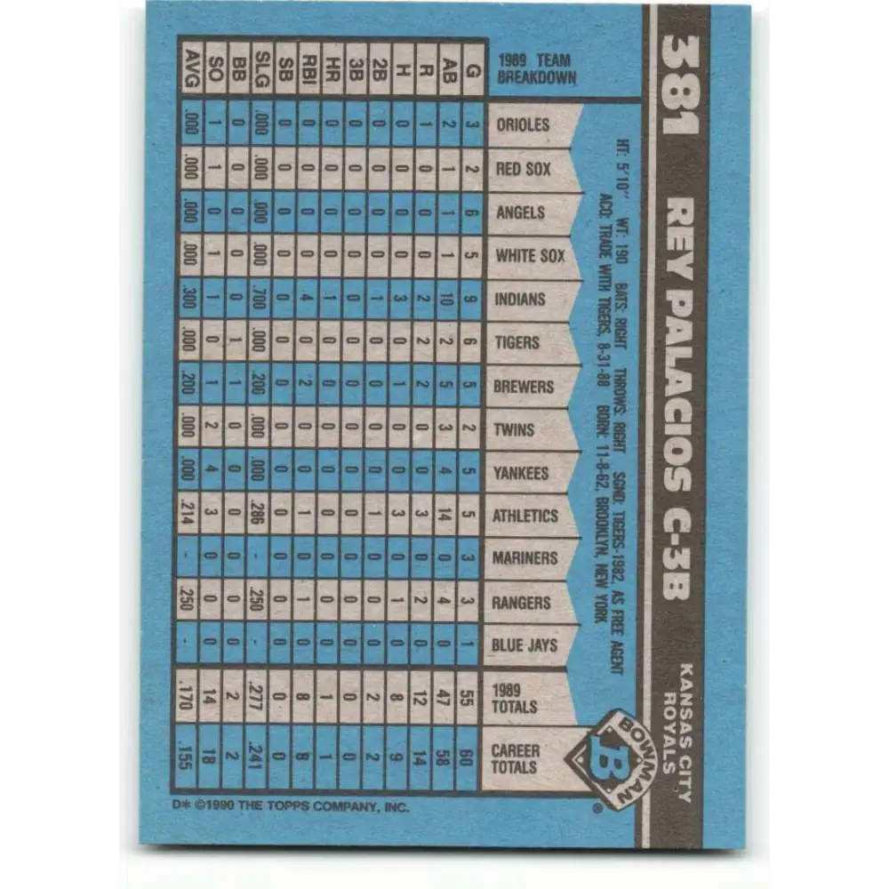 1990 Bowman #381 Rey Palacios NM-MT Kansas City Royals Baseball Card  Image 2