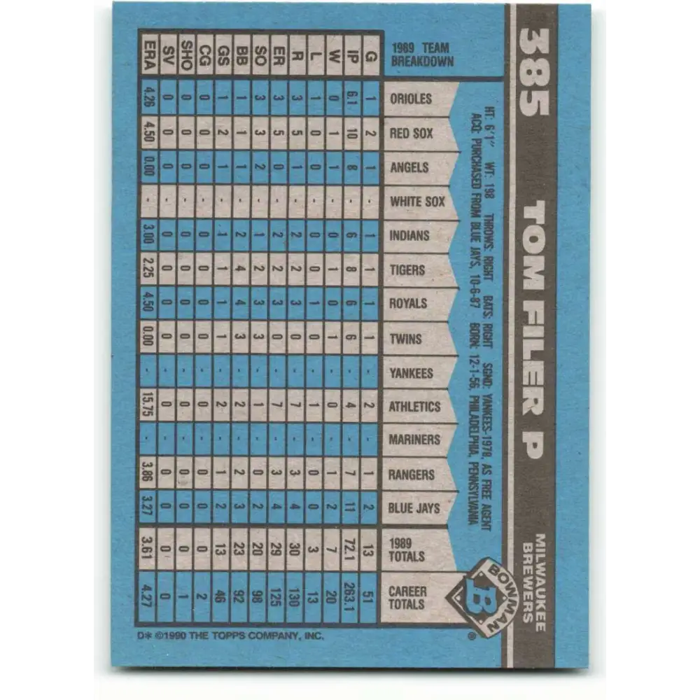 1990 Bowman #385 Tom Filer NM-MT Milwaukee Brewers Baseball Card  Image 2