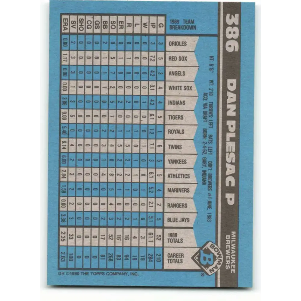 1990 Bowman #386 Dan Plesac NM-MT Milwaukee Brewers Baseball Card  Image 2