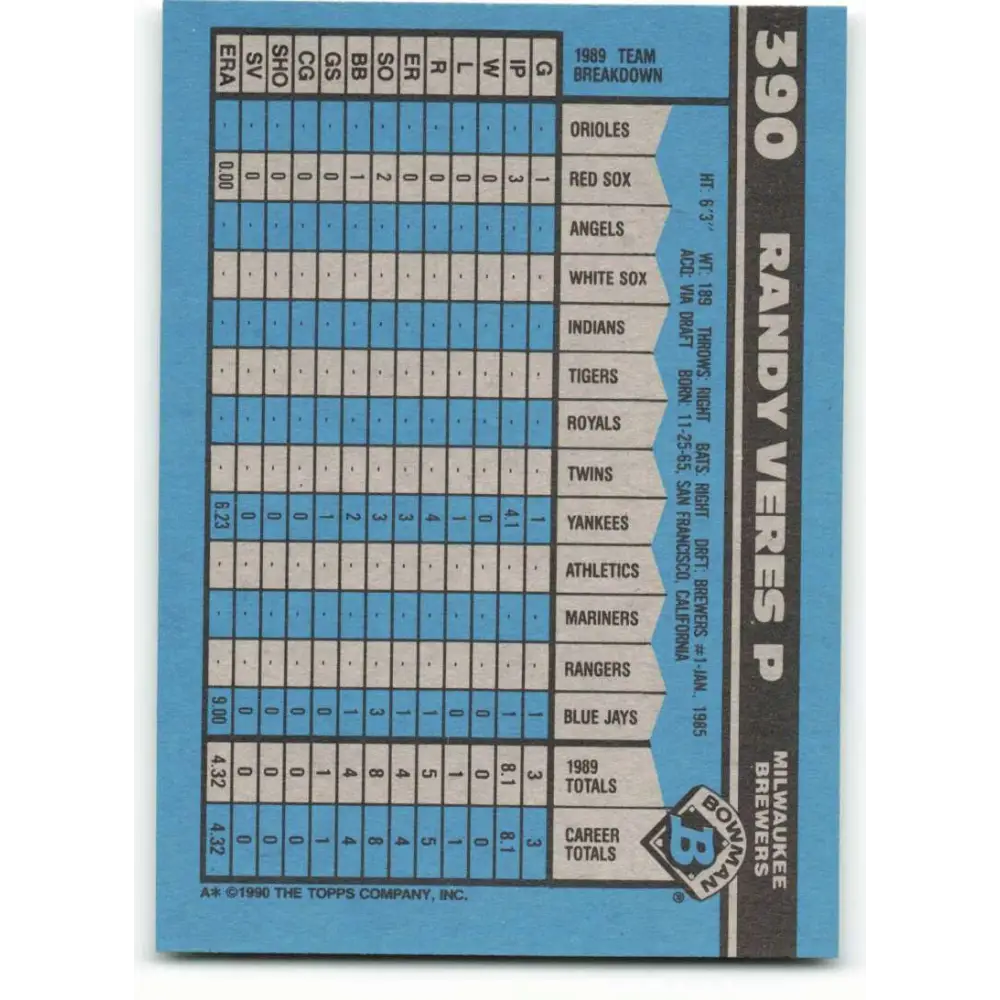 1990 Bowman #390 Randy Veres NM-MT Milwaukee Brewers Baseball Card  Image 2