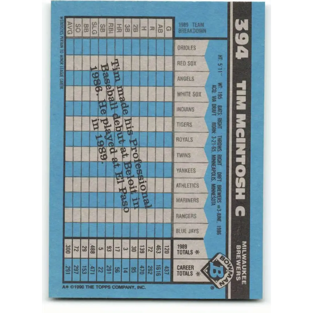 1990 Bowman #394 Tim McIntosh NM-MT RC Rookie Milwaukee Brewers Baseball Card  Image 2