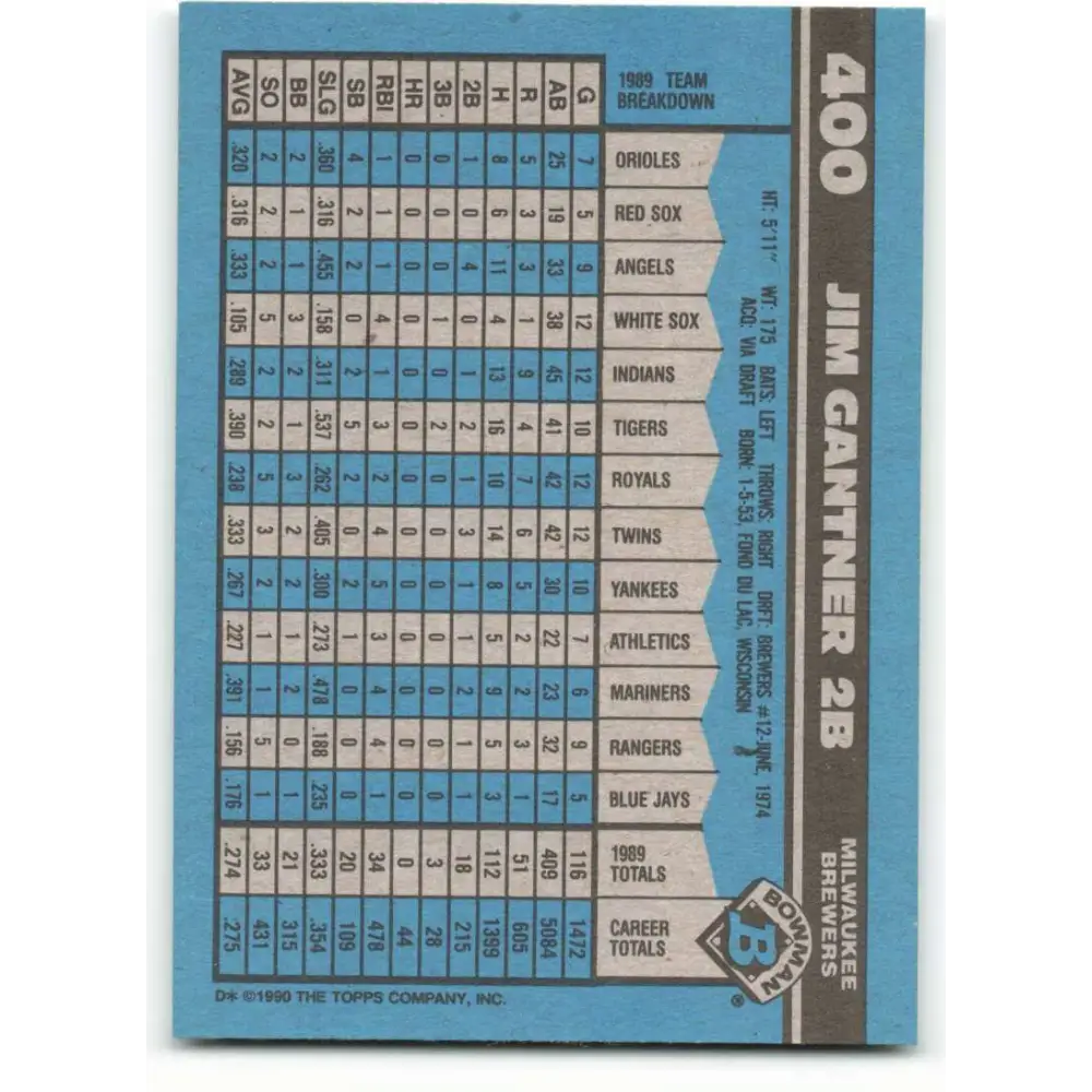 1990 Bowman #400 Jim Gantner NM-MT Milwaukee Brewers Baseball Card  Image 2