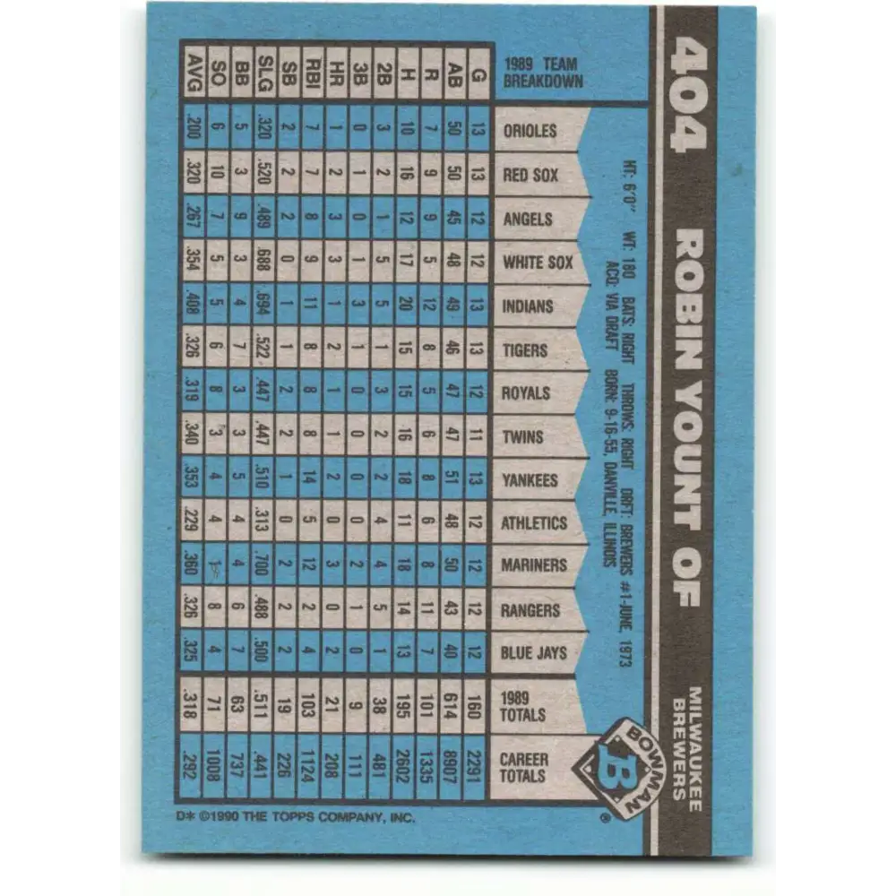 1990 Bowman #404 Robin Yount NM-MT Milwaukee Brewers Baseball Card  Image 2