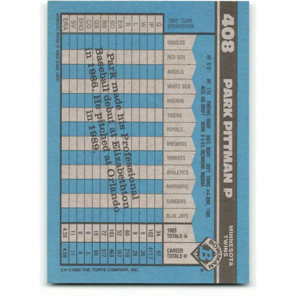 1990 Bowman #408 Park Pittman NM-MT RC Rookie Minnesota Twins Baseball Card  Image 2